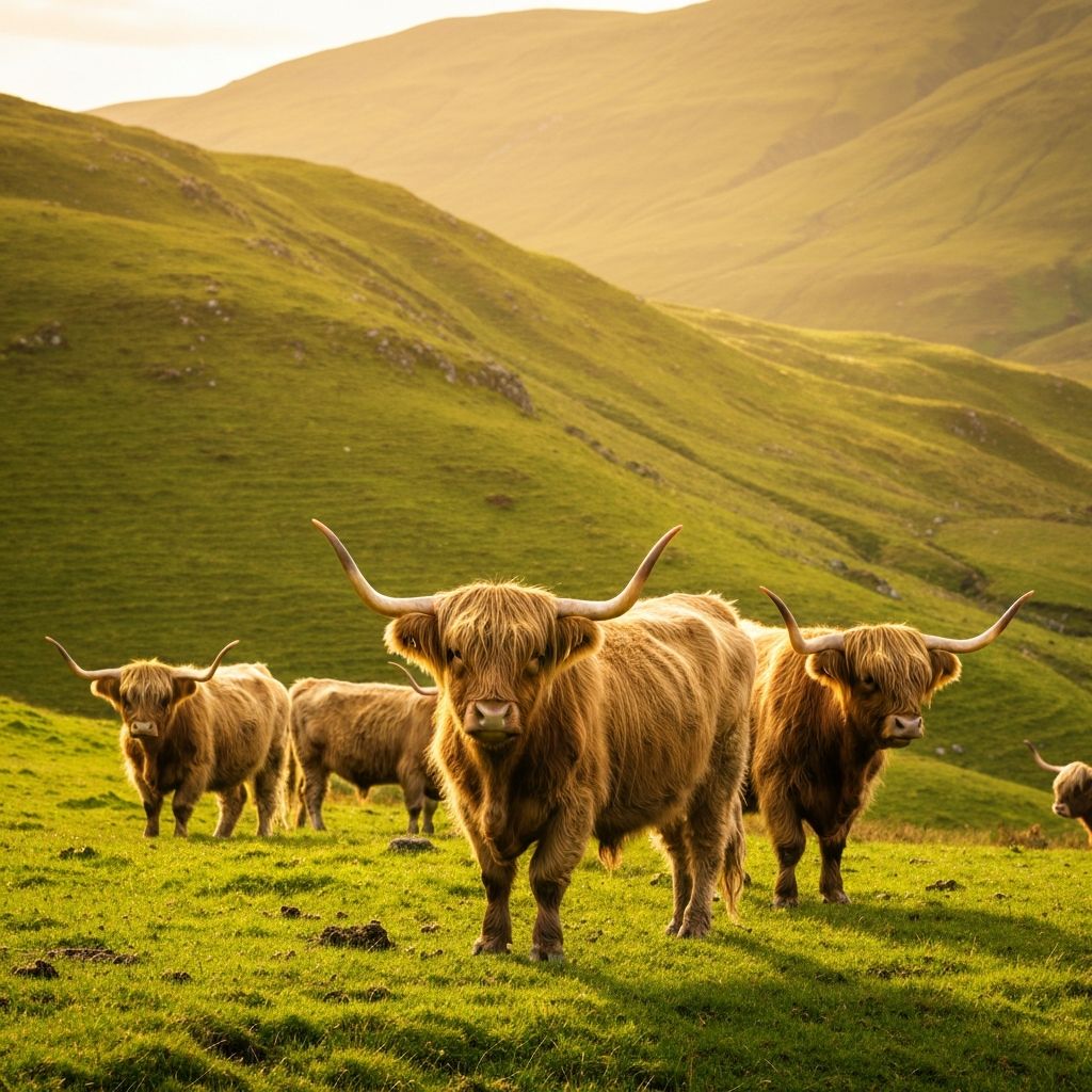 Highland cattle in golden sunlight